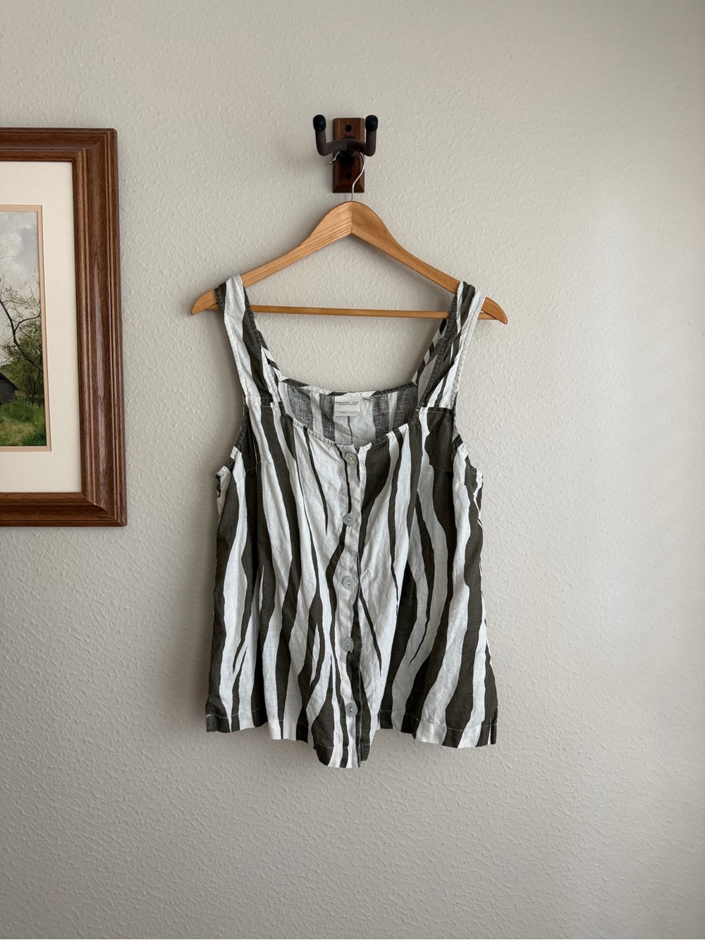 Rachel Zoe Olive Green and White Striped Button Front Tank Top 100% Linen